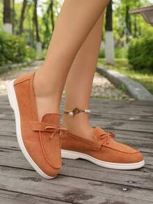 2026 Frühling/Herbst Neue Koreanischer Stil Casual Veloursleder Flache Schuhe für Damen, Rundspitze Slip-On mit Schleifen Dekor, Weiche Sohle Bequeme Loafer, Vielseitig für Alltag und Pendeln - Orange - Übersicht 5