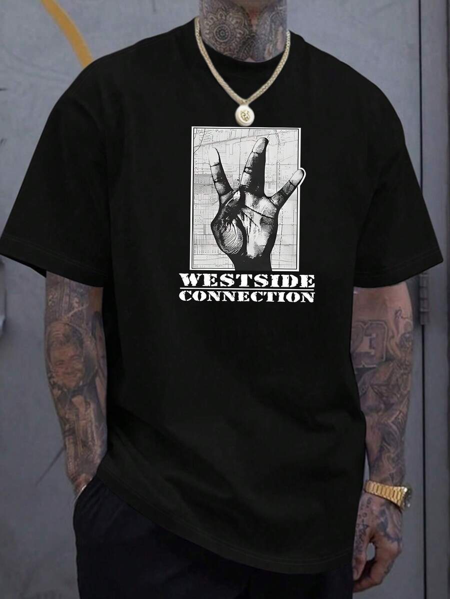 Men's Casual Graphic T-Shirt - "Westside Connection" Hand Print Design, Lightweight & Breathable Polyester, Regular Fit, Crew Neck, Ideal For Summer, Comfortable Everyday Style, Perfect Gift, Everyday Tee | Bold Graphic Tee | Relaxed Fit - 黑色 - 查看 1
