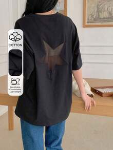 Camiseta de verano casual con inserción de malla con diseño de estrella para mujer, camiseta oversize Y2K-Vintage Street Style Unisex Loose Cotton Short Sleeve Crew Neck T-Shirtblusas para mujer. blusas.blusas casuales para dama. - Negro 2 - Ver 1