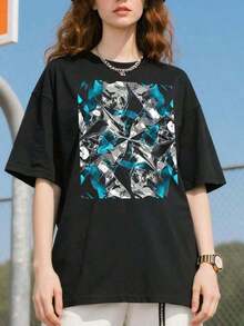 1 Piece Short Sleeve Knit T-Shirt With Round Neck, Modern Abstract Art Design In Blue Peak Relief And White, Loose Fit, 100% Cotton, 180g. - Black - View 4