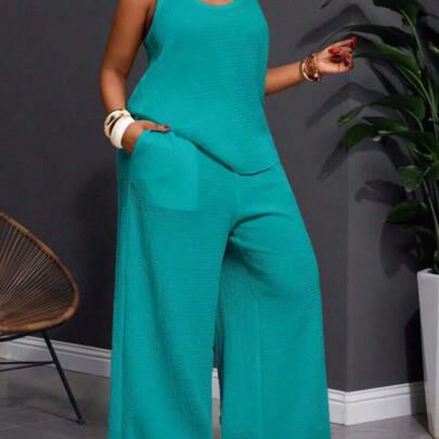 Slayr 2025 New Spring/Summer Plus Size Women's Vintage Western/Tropical/Music Festival/Club/Road Trip/Casual Street/City Vacation/Graduation Date/Elegant Vacation 2-Piece Set - Loose Sheer Textured Fabric U-Neck Sleeveless Tank Top With Elastic Waist Palazzo Pants - Azul menta - Ver 1