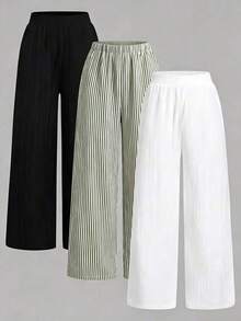 Set de 3 pantalones rectos sueltos de cintura alta con cordón y bolsillos, de unicolor y versátiles, adecuados para primavera/verano - Verde Oliva - Ver 2