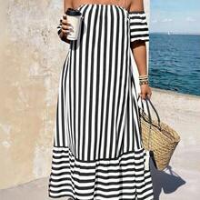 Holidaya Plus Size Summer Casual Striped Off-Shoulder Ruffle Hem Dress - Blanco y Negro - Ver 4