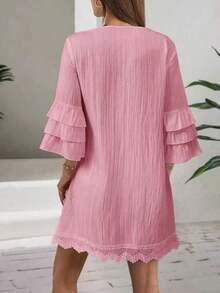 Vestido de mujer con cuello en V bordado con detalles de flecos coloridos, mangas 3/4 con volantes, decoración con flecos, vestido de playa elegante para vacaciones de verano - Rosa coral - Ver 4