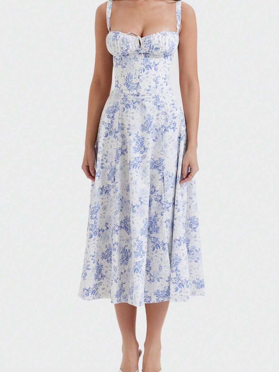 French-Style Long Strapless Dress With Soft Flowers - Maroon - View 1