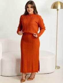 Women's Modal Knit Set – Midi Skirt + Long-Sleeved Blouse, Casual, Elegant And Warm Winter Set - 鏽棕色 - 查看 6