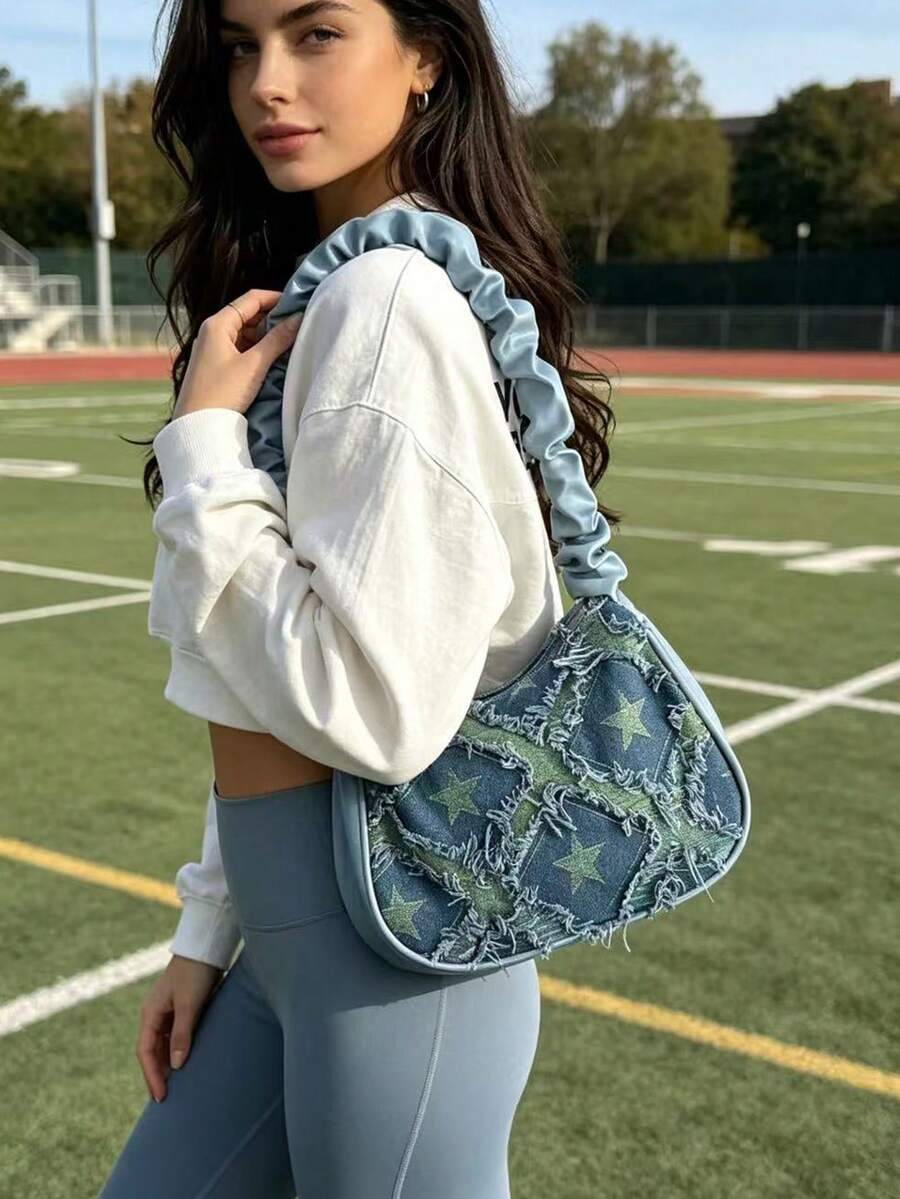 女士Y2K风格牛仔格纹流苏设计褶皱PU皮革肩带休闲手提包，街头风日常通勤手提包