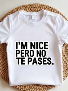 Camiseta de manga cortara mujer - Camiseta blanca con I'm Nice Pero No Te Pases. Impresión elegante, Cuello redondo casual, Material elástico suave, Lavable en máquina, Top de moda todo el año, Desgaste de moda, Camiseta gráfica de declaración, uste cómodo - Blanco - Ver 2