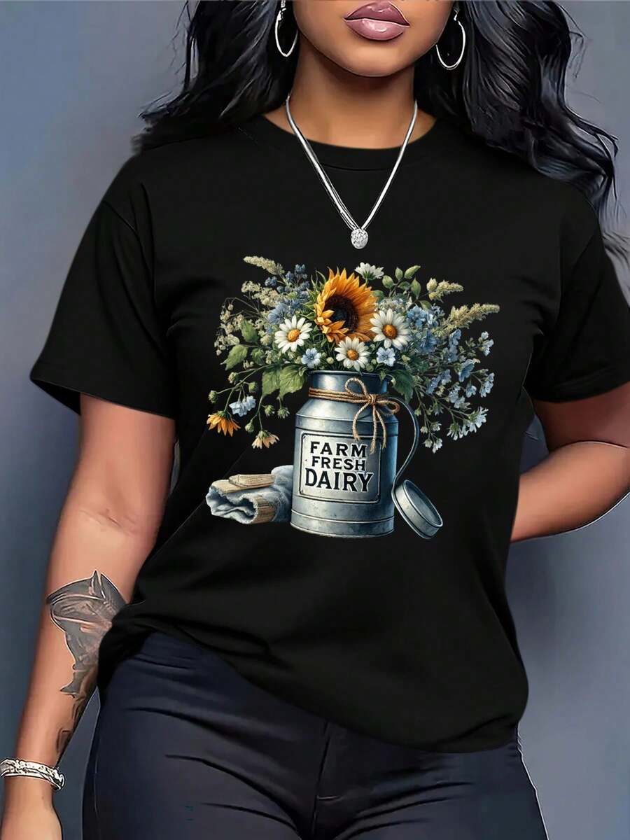 OversizeRopa de mujer de talla grande y corte holgado, camiseta holgada para mujer - top con estampado de patrón vintage estilo granja, con diseños florales de girasoles y margaritas, forma rústica de lata de leche, estilo de cuello redondo transpirable para uso casual en primavera y verano - camisa negra de estilo europeo y americano, colorida y con un diseño lindo de temática agrícola. - Negro - Ver 1