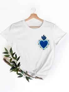 Moda mujer camiseta blanco frontal impresión corazón patrón cómodo desgaste casual - Blanco - Ver 2