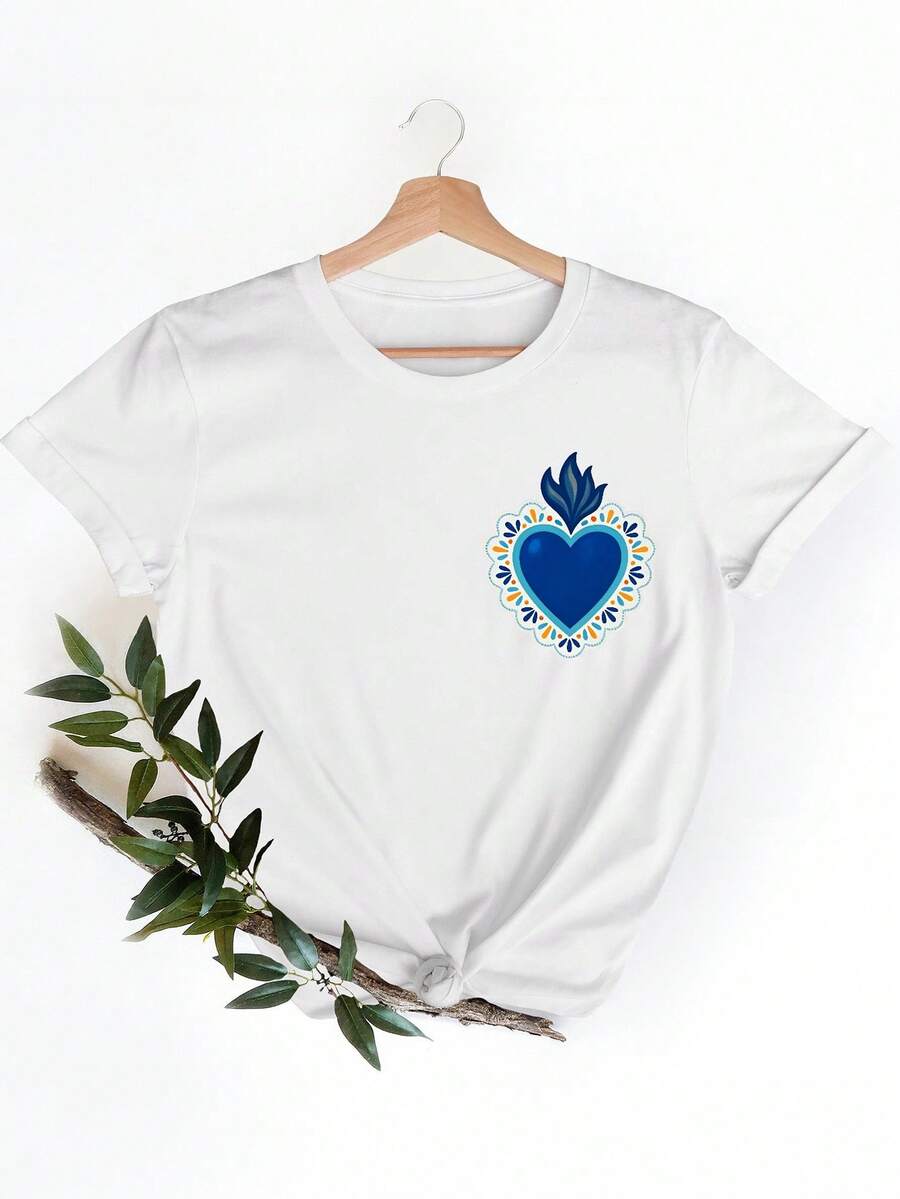 Moda mujer camiseta blanco frontal impresión corazón patrón cómodo desgaste casual