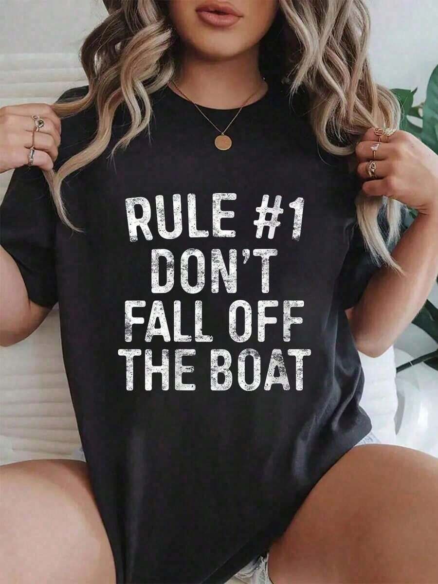 100% cotton Camiseta de algodón para mujer con estampado 'Don'Fall Off Boat', para cruceros y vacaciones, con cuello redondo y manga corta.Camisetas de Algodón con Estampado Casual para Mujer, Tops Gráficos, Camisetas Cortas para Mujer, Camisetas para Parejas, Conjuntos Artísticos, Camisetas para Mujer - Negro - Ver 1