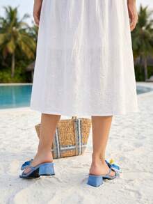 Sandal đế thấp mũi vuông mùa hè, kiểu dáng retro họa tiết hoa, đế mềm, phong cách cổ tích, thoải mái, dễ mang. - Màu xanh lam - Xem 7