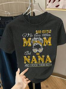 Camiseta Gráfica de Mujer MM NANA MAM "Mamá y Abuela" - Diseño con Brillo y Gafas de Moda, Cuello Redondo Manga Corta Casual para Primavera/Verano, Tejido No Transparente, Regalo del Día de la Madre para Abuelas - Negro - Ver 8