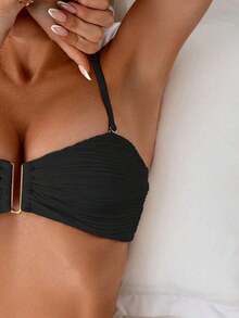 Swim Conjunto de bikini de verano para mujer de unicolor con pliegues y sexy - Negro - Ver 6