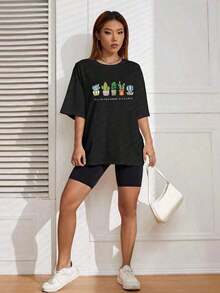 Gift 100% Cotton T-Shirt With Cactus And Succulent Print And The Phrase "All Things Grow With Love", Oversized Casual Short Sleeve T-Shirt For Women, Fresh And Positive Minimalist Streetwear Style, Ideal For Everyday Wear And Gift, Colors: White And Blue Available, Plus Size Available, Soft - 黑色 - 查看 5