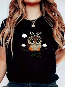 GiftWomen's Long Sleeve T-Shirt With Kawaii Owl Print, Fun And Cute Design For Autumn And Winter, Casual Clothing For Women, Plus Size, Soft Cotton Top - 黑色 - 查看 7