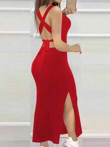 Vestido ajustado y sexy con escote pronunciado, espalda descubierta, tirantes cruzados y abertura - Rojo - Ver 2