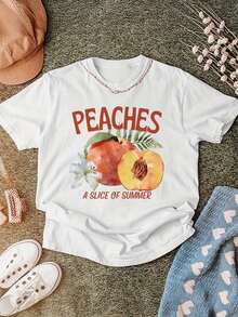 1 Pieza Camiseta de Algodón de Manga Corta con Cuello Redondo y Estampado de FRUTAS Y FLORAL "PEACHES A SLICE OF SUMMER", Tejido Transpirable, Estilo Vintage Urbano, Unisex, Corte Holgado, Camiseta de Manga Corta con Cuello Redondo, blusas para mujer. blusas.blusas casuales para dama. - Blanco - Ver 7