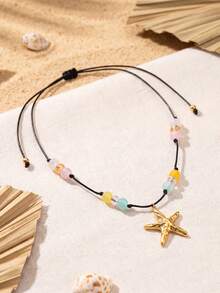 1 pieza Collar con colgante de acero inoxidable con diseño de estrella de mar y caballito de mar, con cadena de cuerda de cuentas de colores, adecuado para usar en vacaciones de verano - Multicolor - Ver 7