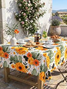 1pc Summer Floral Cactus Print Tablecloth Rectangular Table Cover Waterproof Polyester Fabric Tablecloth Boho Farmhouse Style Bright Orange Flower Green Cactus Pattern Table Cloth - Multicolor - View 8