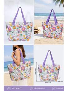 1 Pc Floral Embroidered Tote Bag, Large Capacity Canvas Shoulder Bag With Purple Handle, Cute Aesthetic Handbag ,Lightweight Shopping Bag For School Beach Grocery Daily Holiday - Mauve Purple - View 7