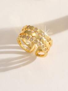 1 set Bracelet ouvert et bague en zirconium à motif nid d'abeille classique, convient pour le port quotidien des femmes, un cadeau idéal pour les festivals - Or jaune - Voir 7