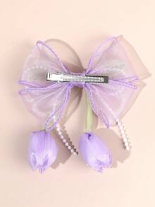 1pc Purple Tulip Hair Bow For Women Elegant Faux Pearl Chain Bow Hair Clip Purple Organza Bow Alligator Clip Romantic Bead Chain Bow Hair Barrette Cute Flower Hairpin For Daily Party & Holiday Women Hair Accessories,Travel,Birthday, Claw Clips - Purple - View 6