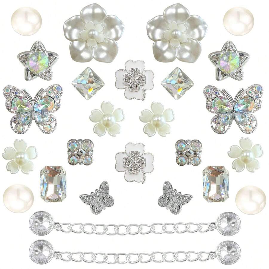 Set de 26 piezas de botones decorativos elegantes franceses con moños y flores para DIY en sandalias - Plateado - Ver 1