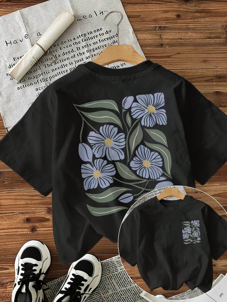 Women's Casual Short Sleeve Crew Neck T-Shirt - Floral And Leaf Graphic Print, Loose Fit, Breathable Fabric, Machine Washable, Versatile Top For All Seasons, Summer Clothes, Non-See-Through Material. - 黑色 - 查看 1