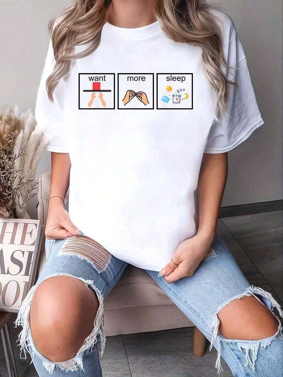 "I Want More Special Education About Sleep" T-Shirt For Teachers - 100% Cotton, Summer Tops, Women's Office Wear, Vacation Clothes, Blouses For Women - 白色 - 查看 1