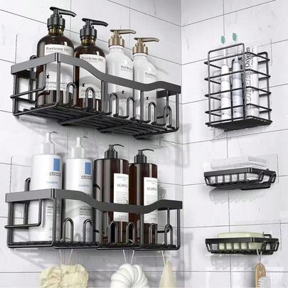 Giá đựng đồ dùng nhà tắm bằng kim loại chống gỉ, giá treo tường không cần khoan, có móc, kệ dán đa năng dùng cho phòng tắm, nhà bếp và phòng tắm, màu đen.