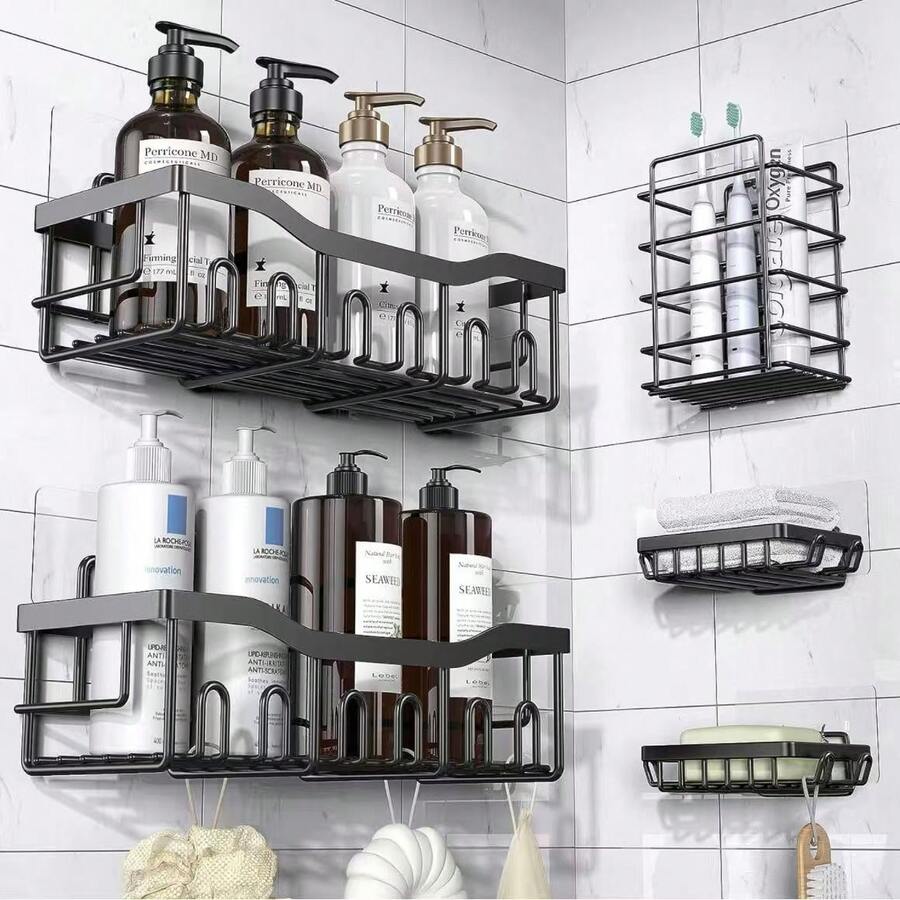 Giá đựng đồ dùng nhà tắm bằng kim loại chống gỉ, giá treo tường không cần khoan, có móc, kệ dán đa năng dùng cho phòng tắm, nhà bếp và phòng tắm, màu đen. - màu đen - Xem 1