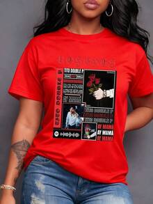 Un collage vibrante de Tito Double P rosas rojas código Spotify y el lema Ay Mamá celebra la cultura urbana ideal para admiradoras Camiseta de mujer 100% algodón cómoda casual juvenil.,maija mujer curvy. - Rojo - Ver 7