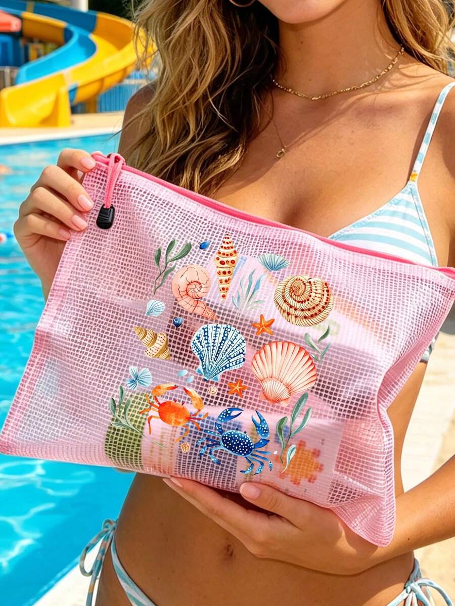 Multi Color Waterproof Fashionable Mesh Beach Bag, Colorful "Marine Creatures And Shells" Printed Makeup Bag, Beach Theme. Large Capacity Transparent Makeup Bag - Multicolor - View 1