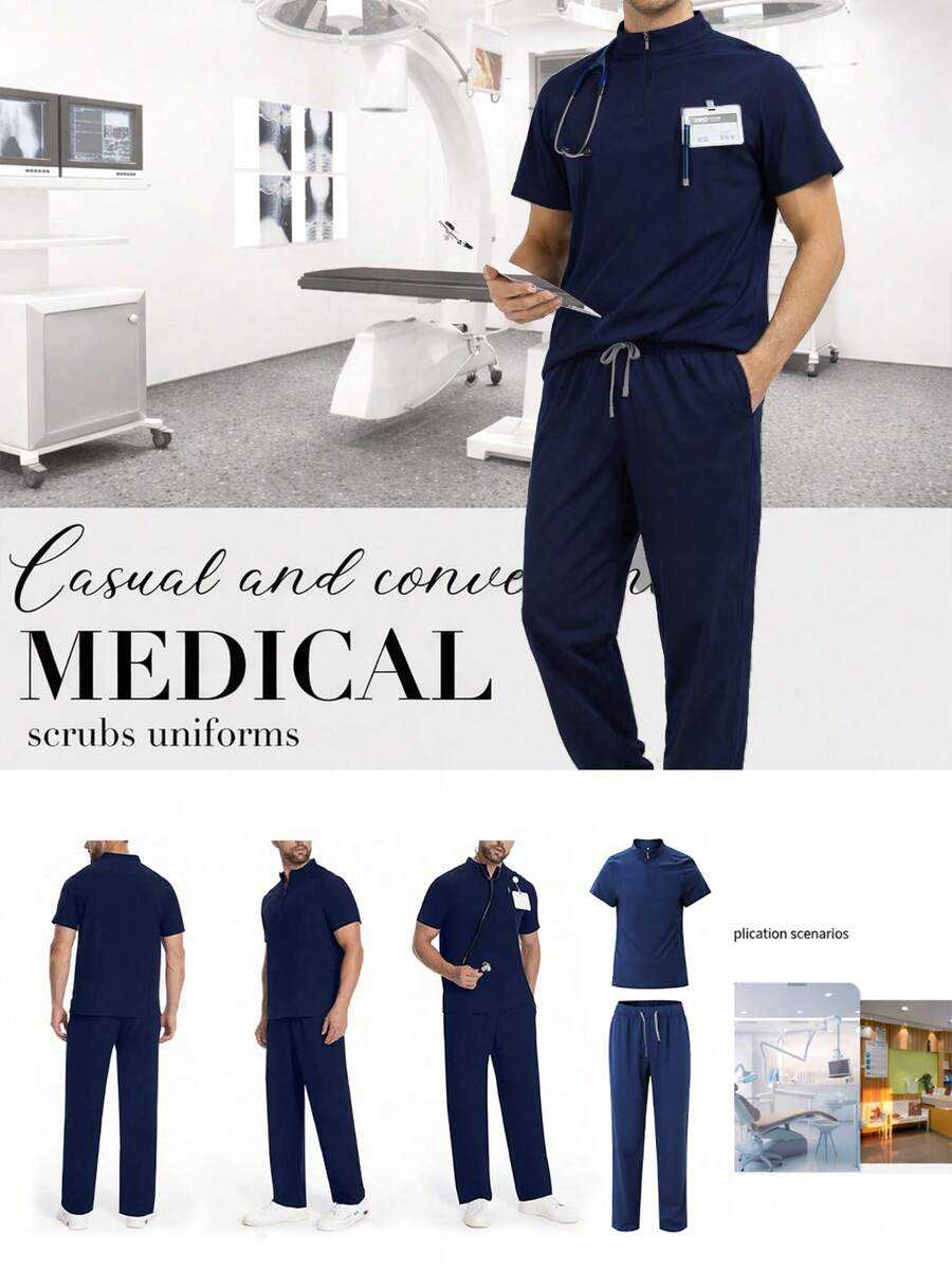 Bộ đồng phục bác sĩ/y tá tay ngắn dành cho nam, trang phục dành cho nhân viên thú y/chăm sóc sức khỏe - Màu xanh hải quân - Xem 1