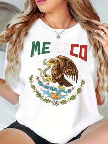 H80640 Women's Casual Short Sleeve T-Shirt, Mexican Eagle And Cactus Print, Round Neck, Sports Top For Everyday Wear, Spring-Summer Collection Y2k - 黑色 - 查看 10