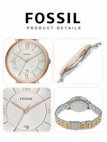 Fossil 女款石英手錶，奢華品牌，不鏽鋼手鍊，玫瑰金/銀色，鑲嵌錶盤，日期顯示，正式類比手錶，適合辦公室、週年紀念、生日、情人節、畢業典禮的優雅禮物 - 白色 - 查看 6