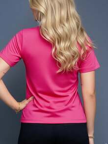 Women's Casual Summer T-Shirt With Pencil Bow Print, Machine Washable, Stretchy Fabric, Ideal For Everyday Wear And Lounging At Home, Versatile Garment, Couple's T-Shirt, Nian Nian Direction, Circles - 紅玫瑰 - 查看 3