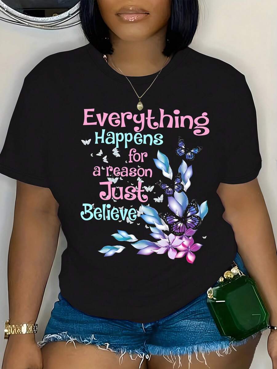 Camiseta de Cuello Redondo para Mujer Talla Grande - Estampado Geométrico, Manga Corta en Mezcla Suave de Poliéster, Lavable a Máquina, Colores Vibrantes, Ropa Cómoda y Casual para Primavera/Verano, Camisetas con Mensajes Motivacionales, Ajuste Confortable - Negro - Ver 1