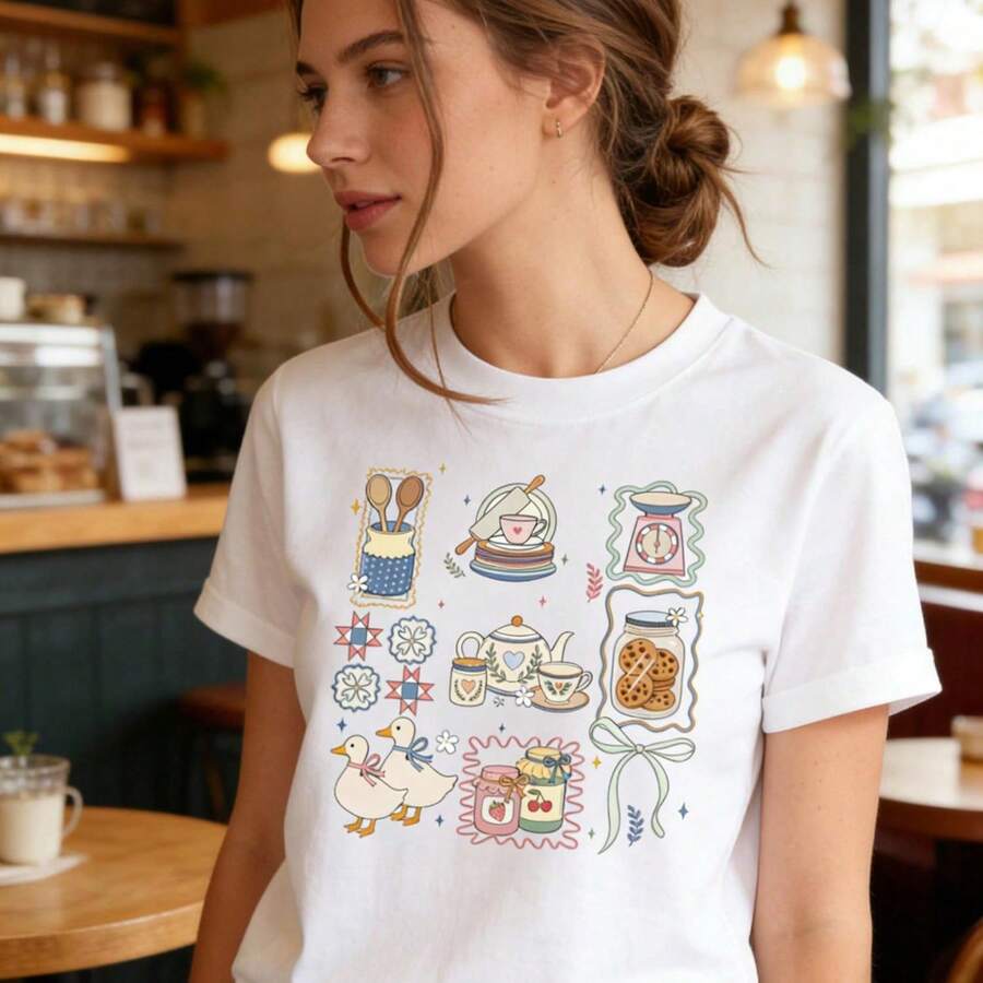 WoMens Shirt EleG1ANT Cute Wear Y2k Clot1hing High Qualitummer Wear Party WoMens Wear With Kitchen Scene Design Including Teaware Duck Jar And Kitchen Utensils In Soft Pastel.100% Pure Cotton T-Shirt Fashion Breather Comfort Daily Wear Casual And Loose-Fitting Version Same For Both Men And Women - trắng - Xem 1