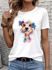 Camisetas de manga corta para mujer en blanco y negro son adecuadas para el ocio diario, el hogar y los viajes al aire libre. Camiseta de mujer con estampado artístico de perros coloridos, top casual de moda, camisa con diseño de animales, regalo para fiestas o vacaciones. - Blanco - Ver 7
