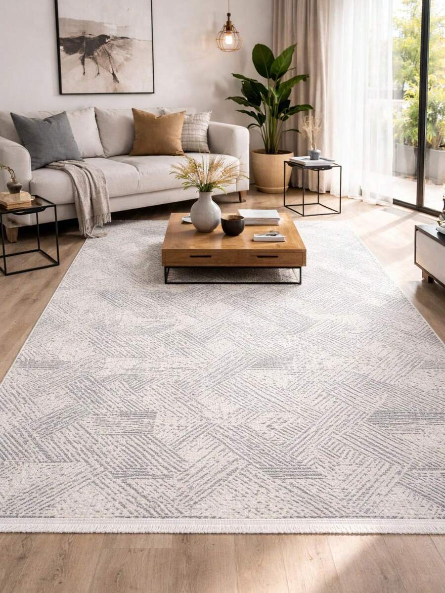 Modena Scandinavian Washable Chenille Rug With Fringes, Non-Slip Backing For Hallway, Living Room - Beige - View 1