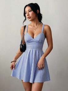 Vestido corto de punto sexy y elegante con escote en V, cintura fruncida y tirantes finos para mujer - Azul 2 - Ver 4
