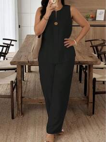2026 Fashionable European And American Women's Clothing: Comfortable Loose Top And Wide-Leg Pants Casual Cotton-Linen Suit - 黑色 - 查看 6