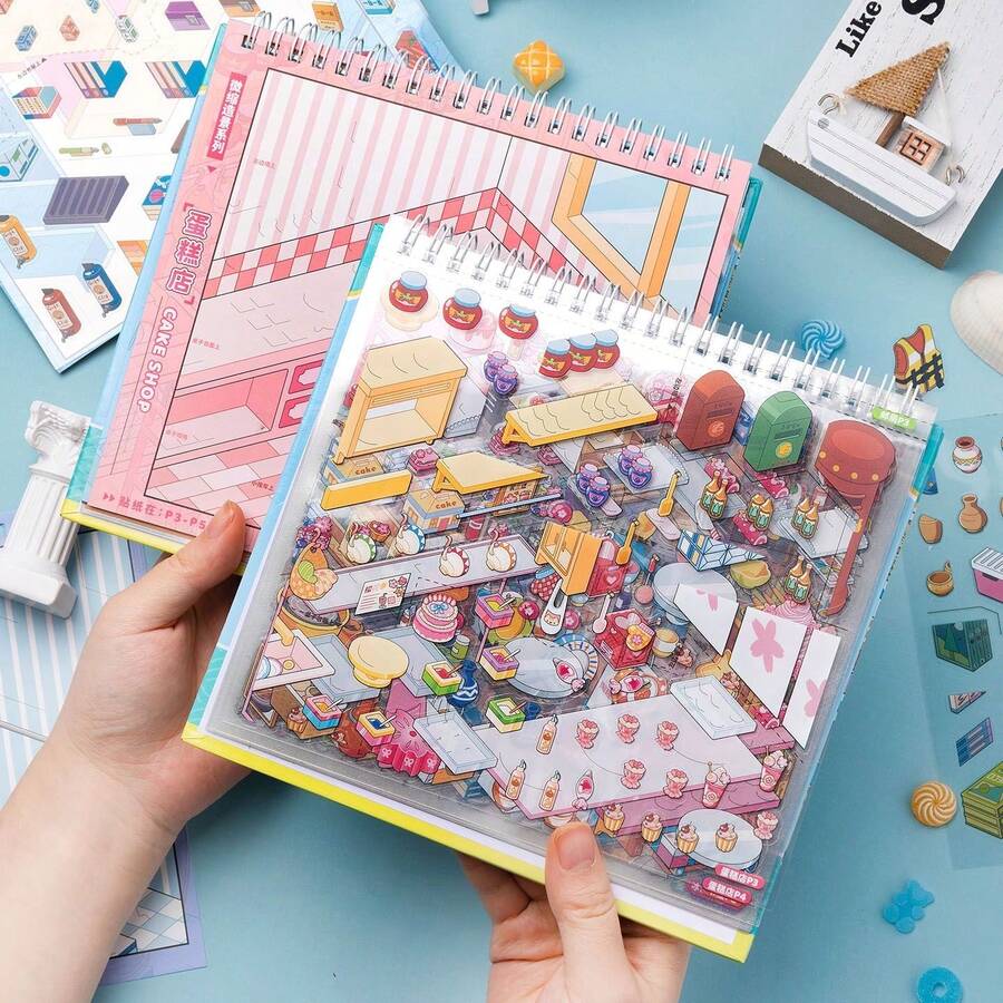 31 Pages Mini Scene Sticker Book, Cute 3D DIY Stackable Stickers, 10 Scenes (Cake Shop, Ceramic Shop, Post Office, Bookstore), Suitable For Diary, Planner, Crafts