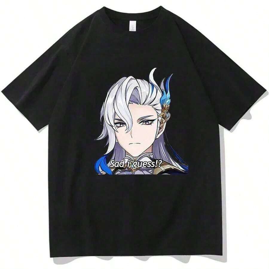 Loose-Fitting, Lightweight, Black Cotton T-Shirt, A New Summer 2026 Design. Unisex, Basic, Versatile, And Stylish For Everyday Wear, Featuring A Character With White Hair And Blue Horns And A Sad-Looking Message On A Black Background. This Unisex Printed T-Shirt Is Available In Multiple Sizes, Fitting Men And Women From XS To 3XL, Ensuring A Perfect Fit For Everyone. Unisex T-Shirt, Seasonal Clothing, Breathable Material, Festive-Unisex - 黑色 - 查看 1