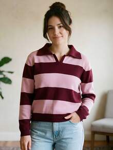 Women's Ribbed Knit Polo Shirt With Striped Neckline, Long Sleeves, V-Neck, Casual Autumn Knit - 瑪薩拉紅/嬰兒粉 - 查看 1
