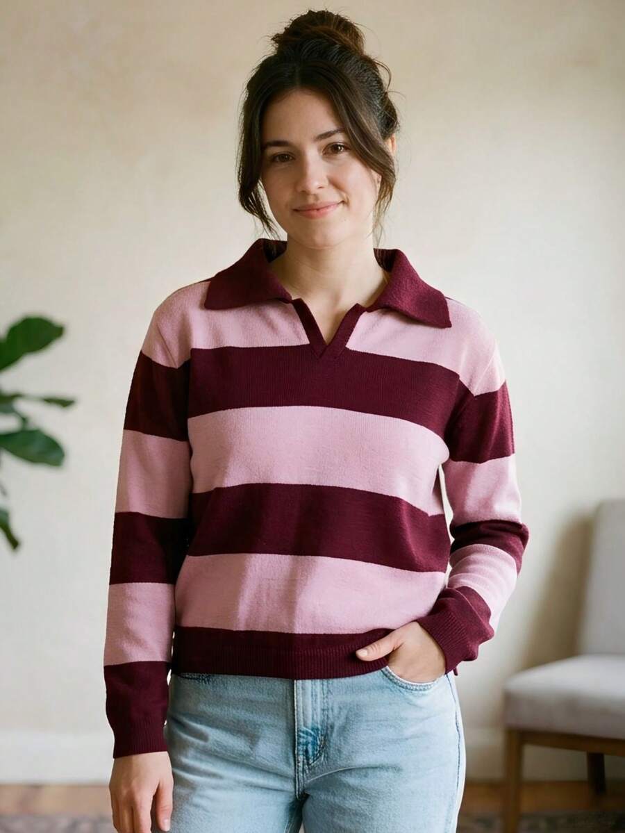 Women's Ribbed Knit Polo Shirt With Striped Neckline, Long Sleeves, V-Neck, Casual Autumn Knit - 瑪薩拉紅/嬰兒粉 - 查看 1