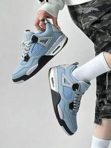 Unisex Vintage Light Blue Gray Basketball Sneakers, Retro Cement Print Air Cushion Casual Trainers, Street Sports Shoes For Couples - Đại học Xanh 3 - Xem 3